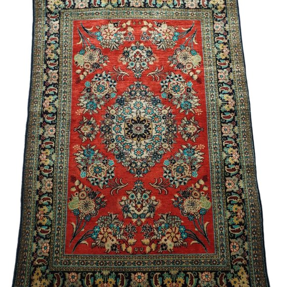 Rare 1950 Semi Antique Red Aqua Black 5x3 Persian Maragheh Qum Rug 100% Silk - Picture 2 of 5